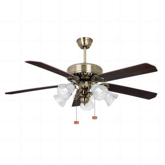 Energy Saving Antique Brass Color Plywood Classical Ceiling Fan Light with 3-Speed Control Pull Chain